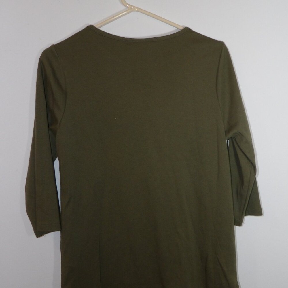 Fall Quacker Factory Shirt Top Green Beaded Floral Embellished 3/4 Sleeve Small - Picture 4 of 4